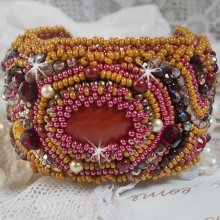 Red Jasper cuff bracelet embroidered with a Red Jasper cabochon, Swarovski crystals and seed beads